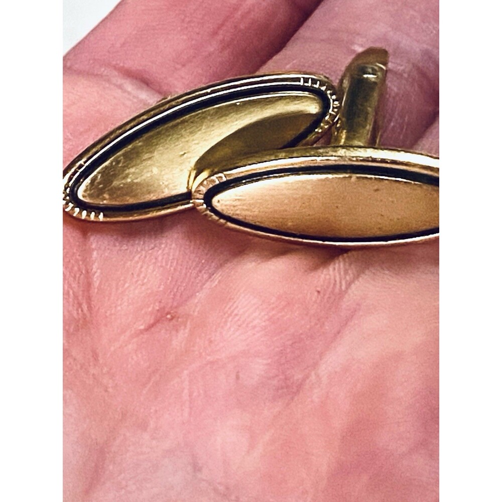 Vintage Mid Century Gold Plated Black Enamel Oval Cufflinks Pat Pend Bullet Back